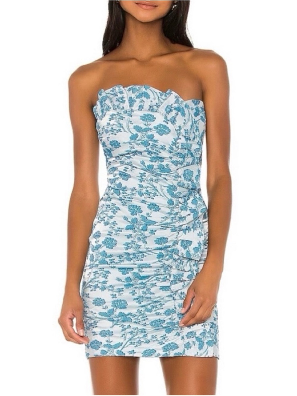 LIKELY Strapless Blue Floral Ruched Mini Dress